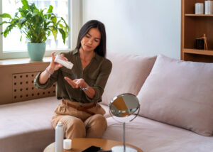 A woman seated on a couch applying lotion to her hands, surrounded by a tabletop mirror, a plant in the background, and minimalistic decor in a cozy living room.