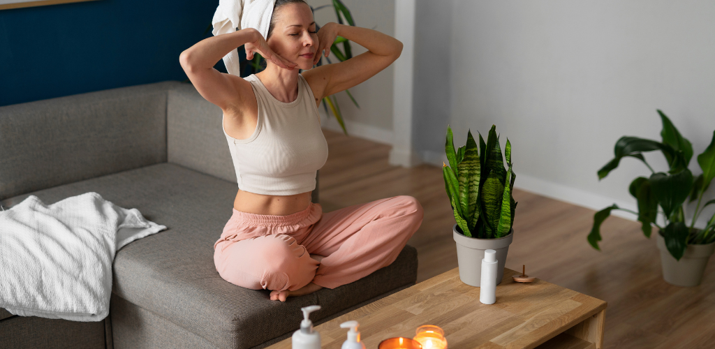 lady doing yoga to pamper herself during the day for a better beauty resolution