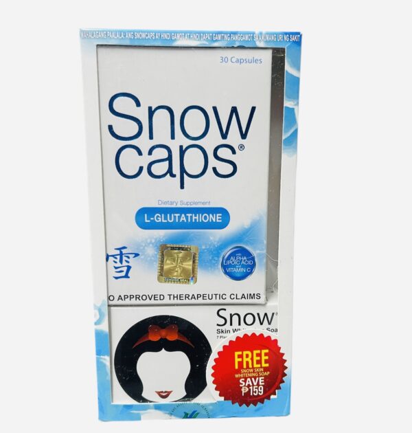 Snow Caps L- Glutathione Alpha Lipolic + Vitamin C 30 capsules + Skin Whitening Soap 135g - Image 3